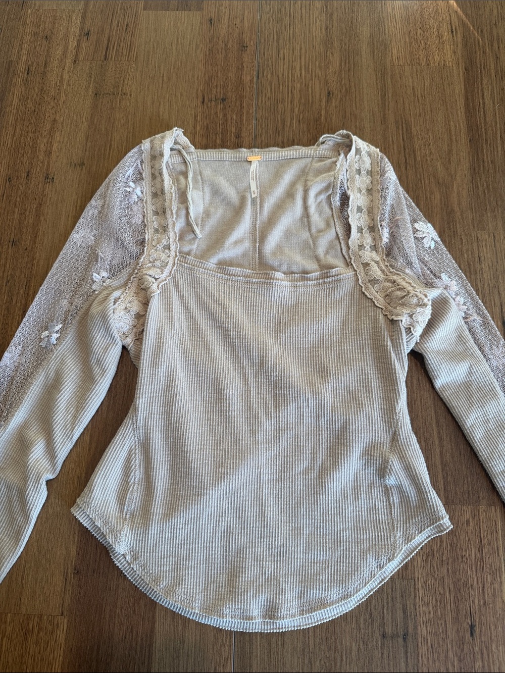 Free People Lace-Trim Ribbed Long Sleeve Top in Light Taupe